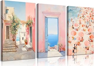 3Pcs Trendy Pink Beach Canvas Wall Art Pastel Preppy Coastal Ocean Paint...