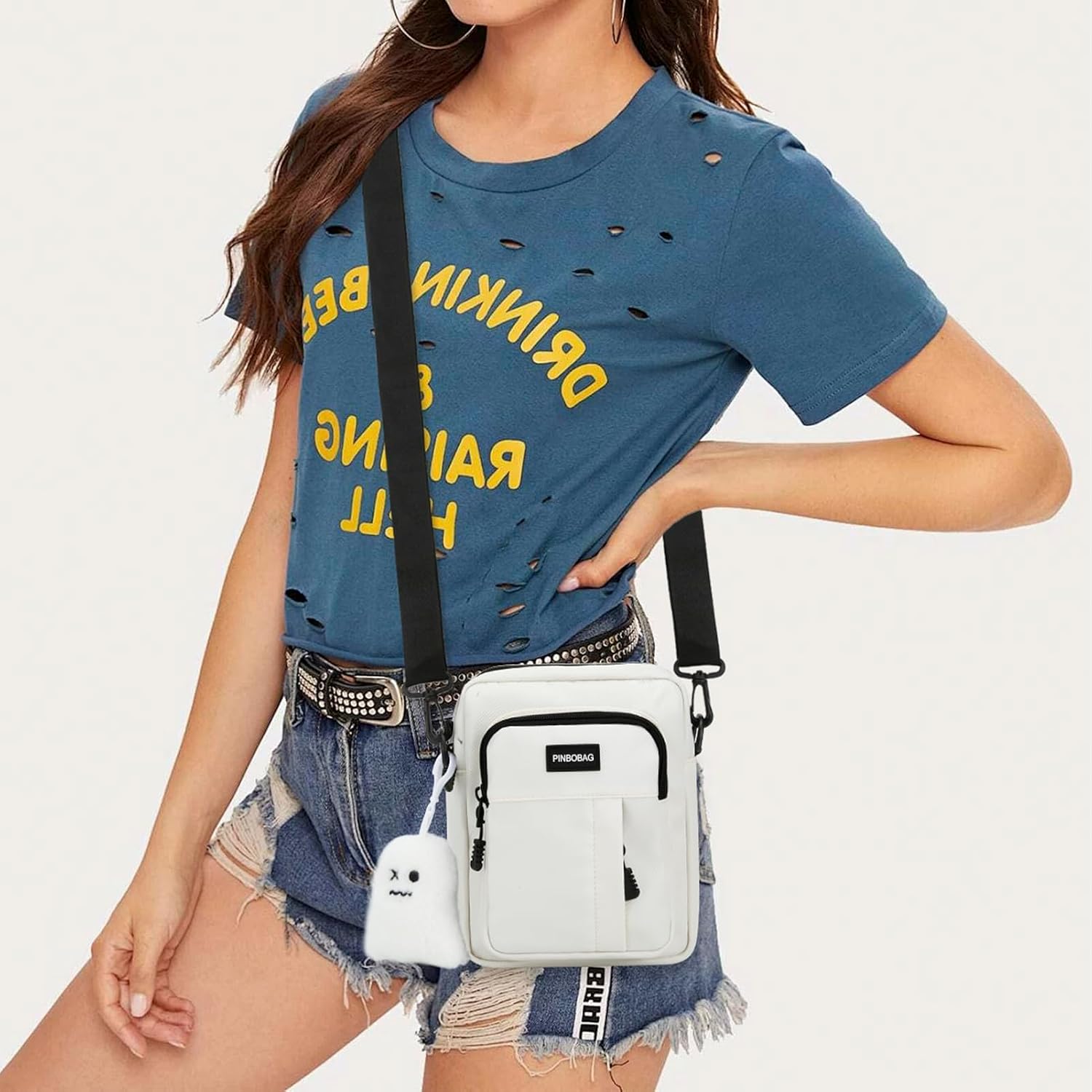 DOB SECHS Cute Unisex Small Messenger Bag Cross Body Nylon Shoulder Hobo Purse Phone Bags for Women Men with Ghost Pendant image 2
