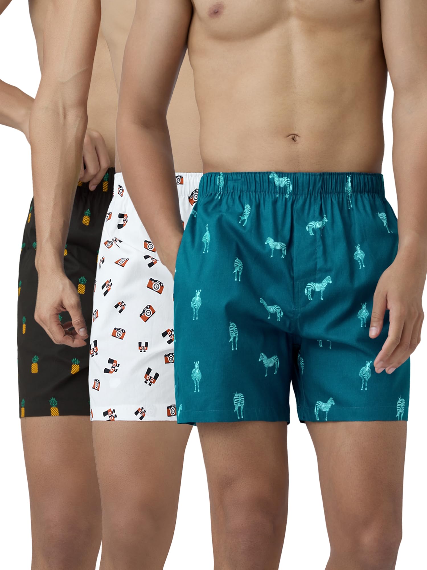 Men's Super Combed Cotton Remix Printed Boxers Pack of 3 (M; Pineapple+Zebra+Camera)