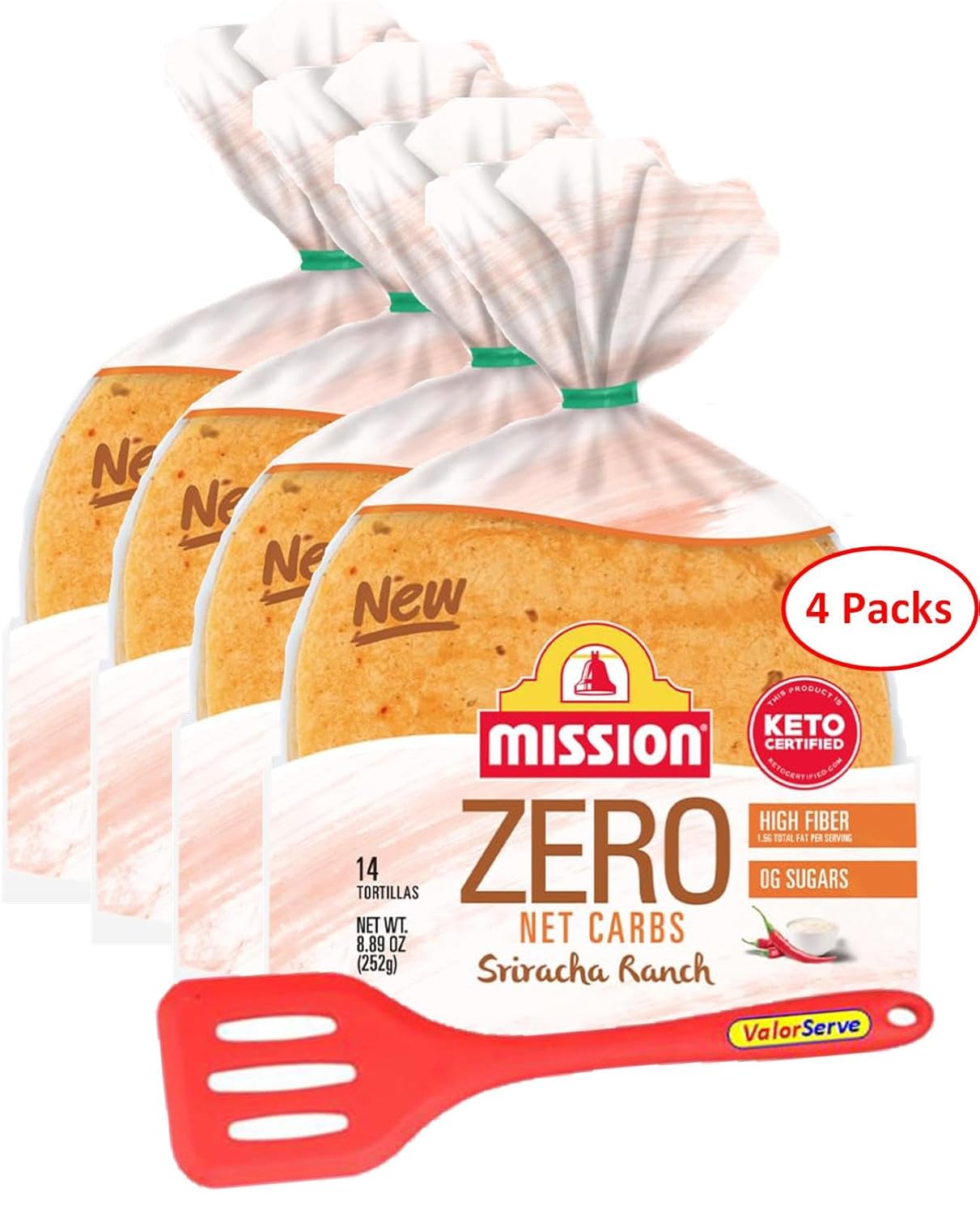 Mission Zero Net Carb Sriracha Ranch Tortillas - 0g Net Carbs - Keto Certified - 4.5" - 14 Count, 8.89 oz. - 4 Packs with ValorServe™ Mini Kitchen Utensil - Keto Friendly Zero Carb Street Taco Tortillas