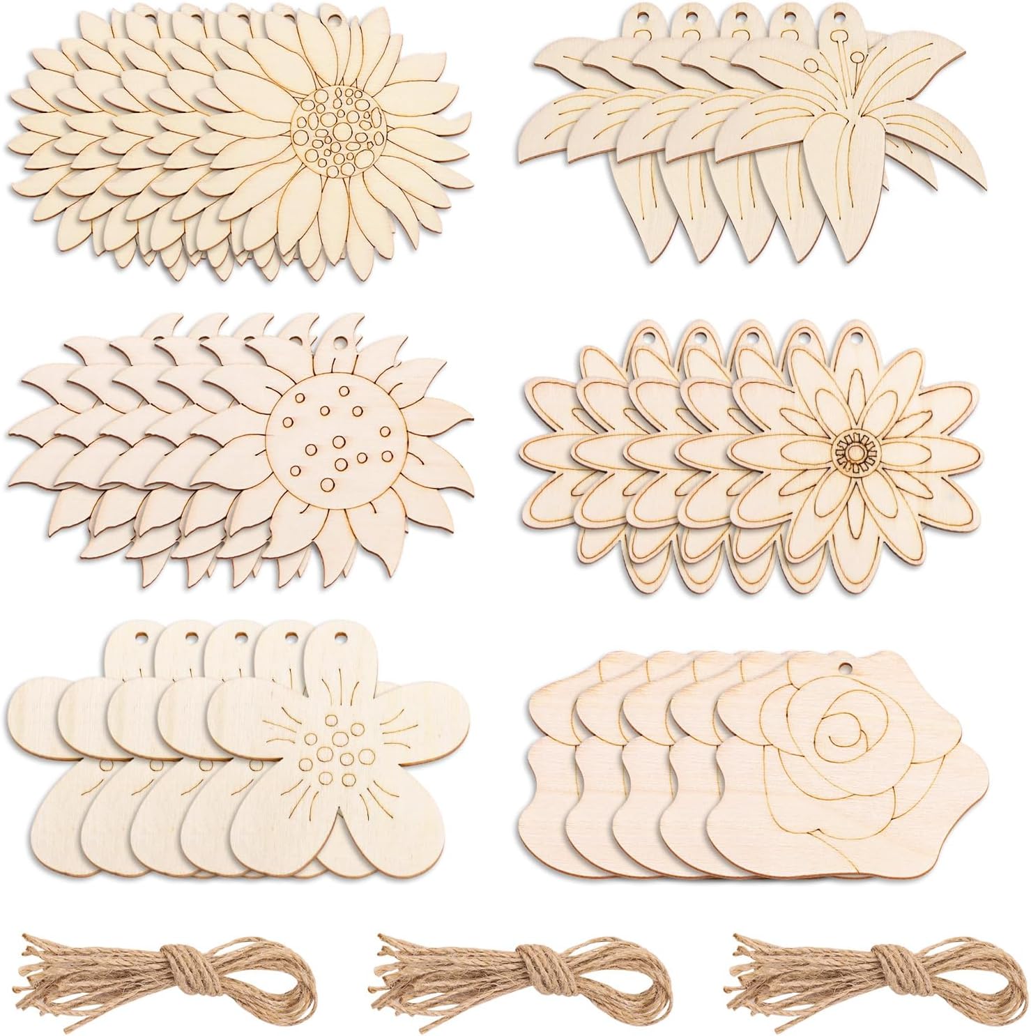 LELE LIFE 30 Pack Unfinished Wood Crafts to Paint, 6 Styles Wooden Ornaments Hanging Wood Cutouts, Rose Lily Sunflower Chrysanthemum Peach Blossom Shape DIY Crafting, Flower