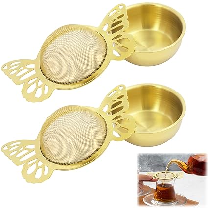 2 Pieces Tea Strainers with Drip Bowl, SYOSI Fine Mesh Stainless Steel Loose Leaf Tea Filter with Butterfly Handle Reusable Tea Interval Diffuser for Loose Leaf Coffee Herbal Spice Juice Filter (Gold)