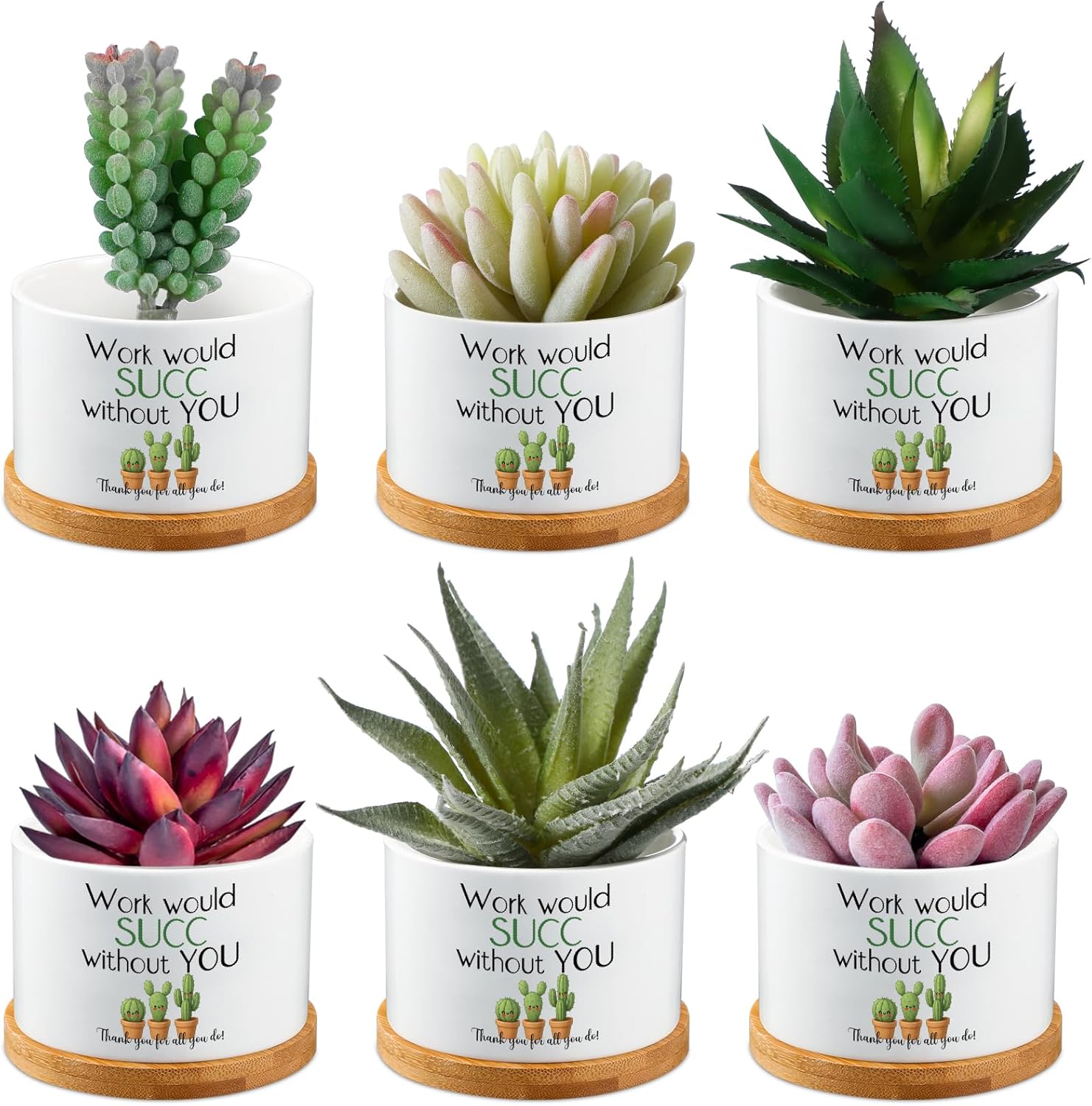 6 Pcs Administrative Professional Day Gifts Employee Appreciation Mini Ceramic Succulent Planter Pots Thank You Gift Bamboo Tray for Teacher Coworker Volunteer Office Decor, Plants Not Included(Work)