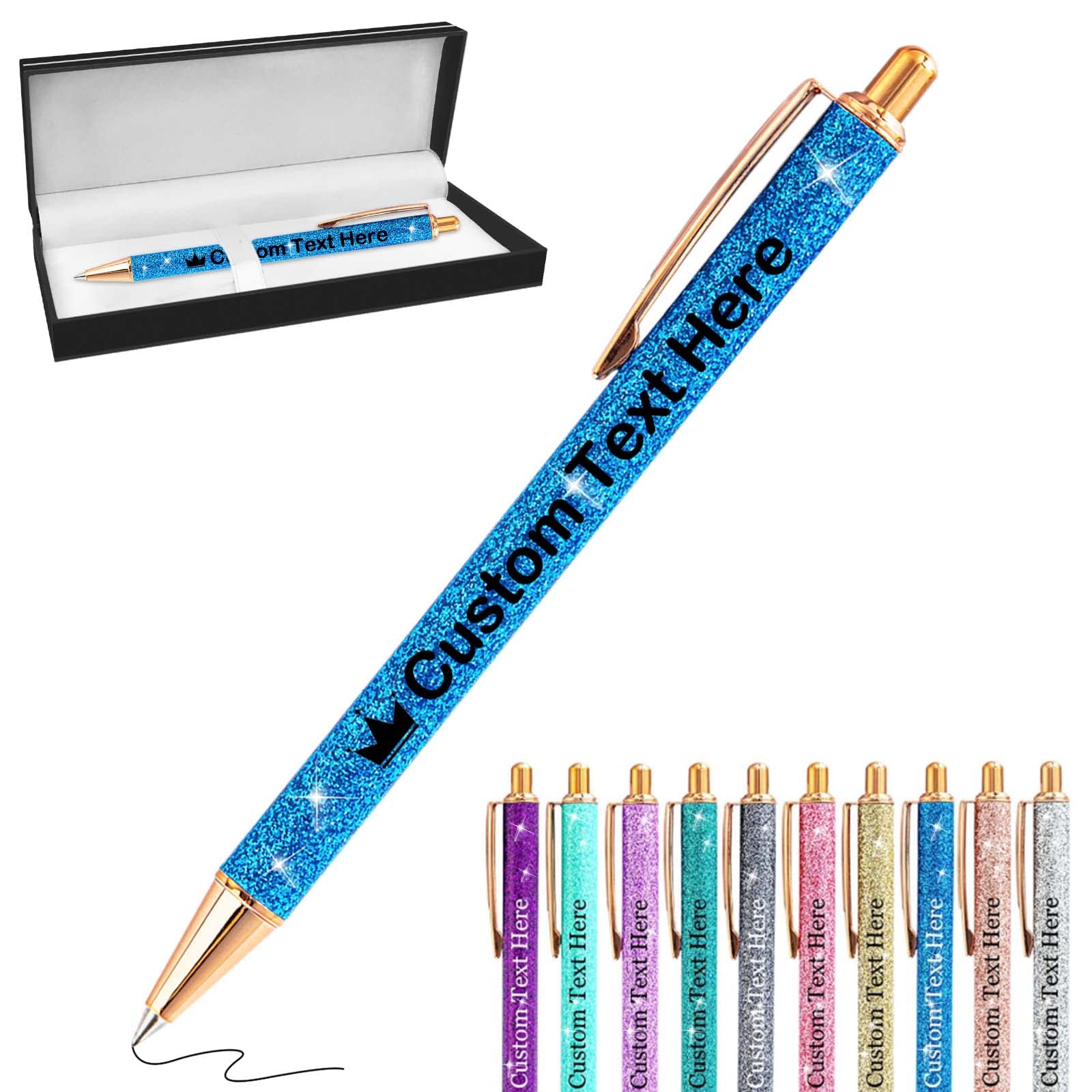 Xiuyours Personalised Pens for Women Custom Glitter Pen with Name Logo Imprinted, Customised Sparkly Bling Ballpoint Pen Gift for Wedding Birthday Office Graduation, Blue