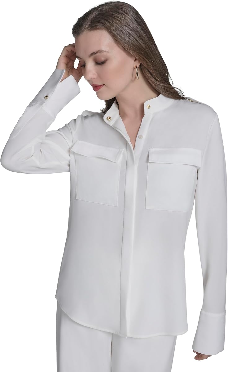 Halston Women's Long Sleeve Button Up Madarin Collar Pocket Front Blouse