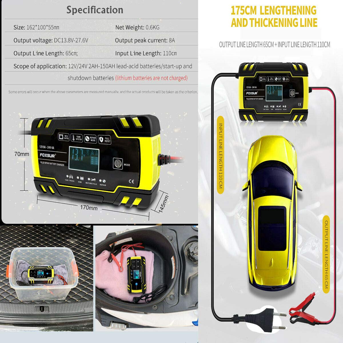 MASO 8 A inteligentna ładowarka do akumulatora samochodowego, 12 V, 24 V, do samochodów osobowych, ATV, łodzi, motocykli, wtyczka UE