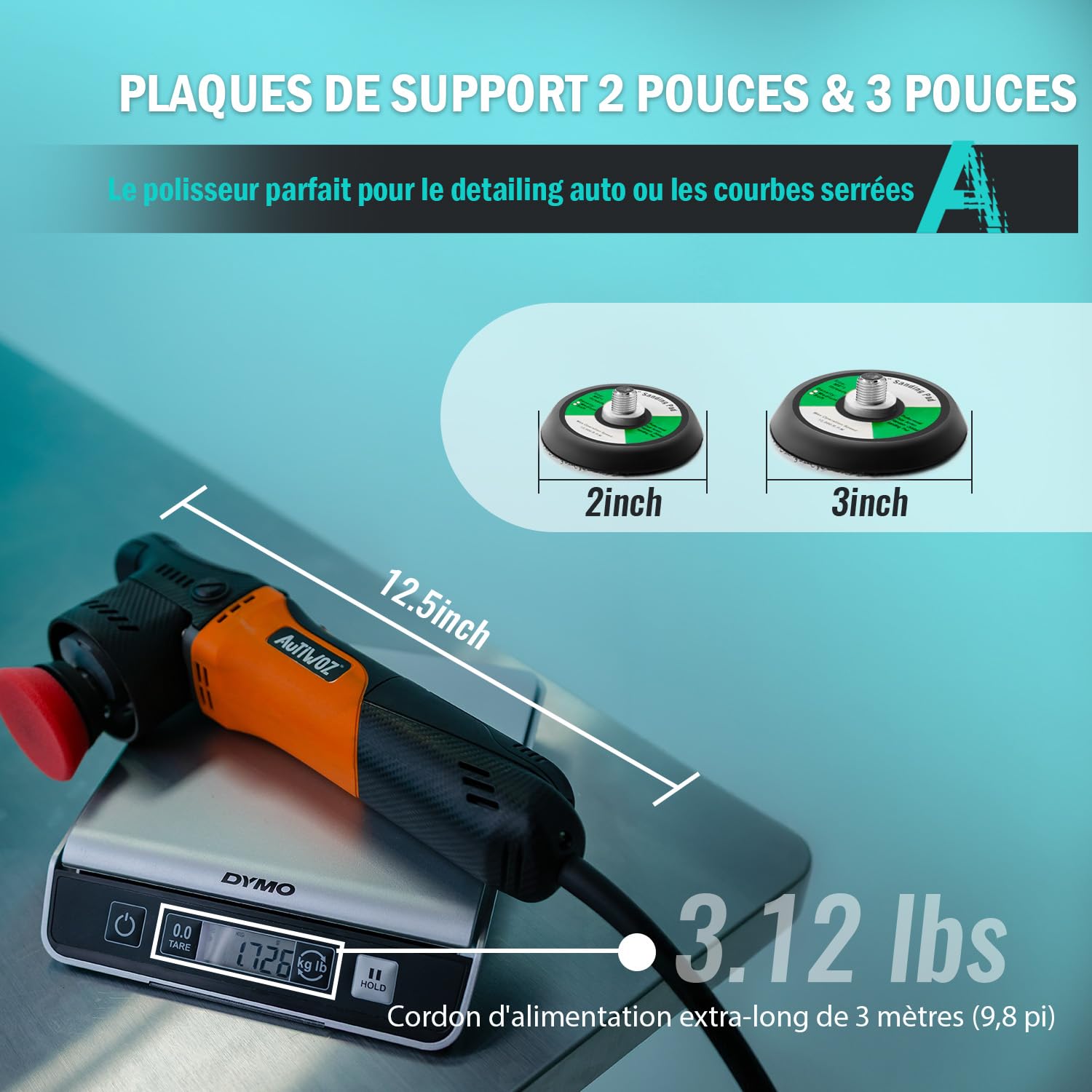 AUTIWOZ W02 630W Mini Polisseuse Voitures,Lustreuse Polisseur Excentrique | 50mm/75mm Plateau,Polissage Orbitale 12mm Pour Détail/Complet Véhicules/Phares,2500-7000tr/min,Démarrage Progressif,Lustrage