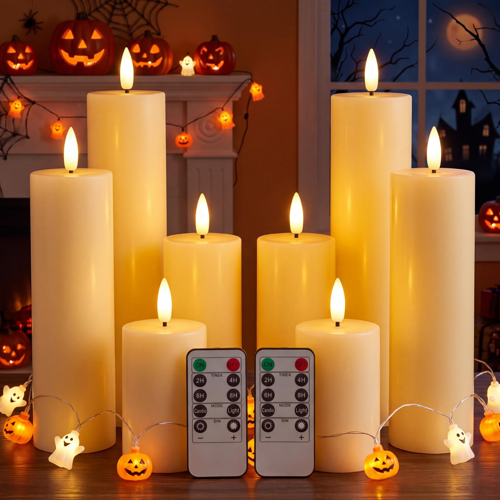 Retisee Schmale, flackernde flammenlose Stumpenkerzen mit Fernbedienung, batteriebetrieben, LED-Echtwachs, künstliche 3D-Docht-Kaminkerzen für Herbst, Halloween, Erntedankfest, Hochzeit