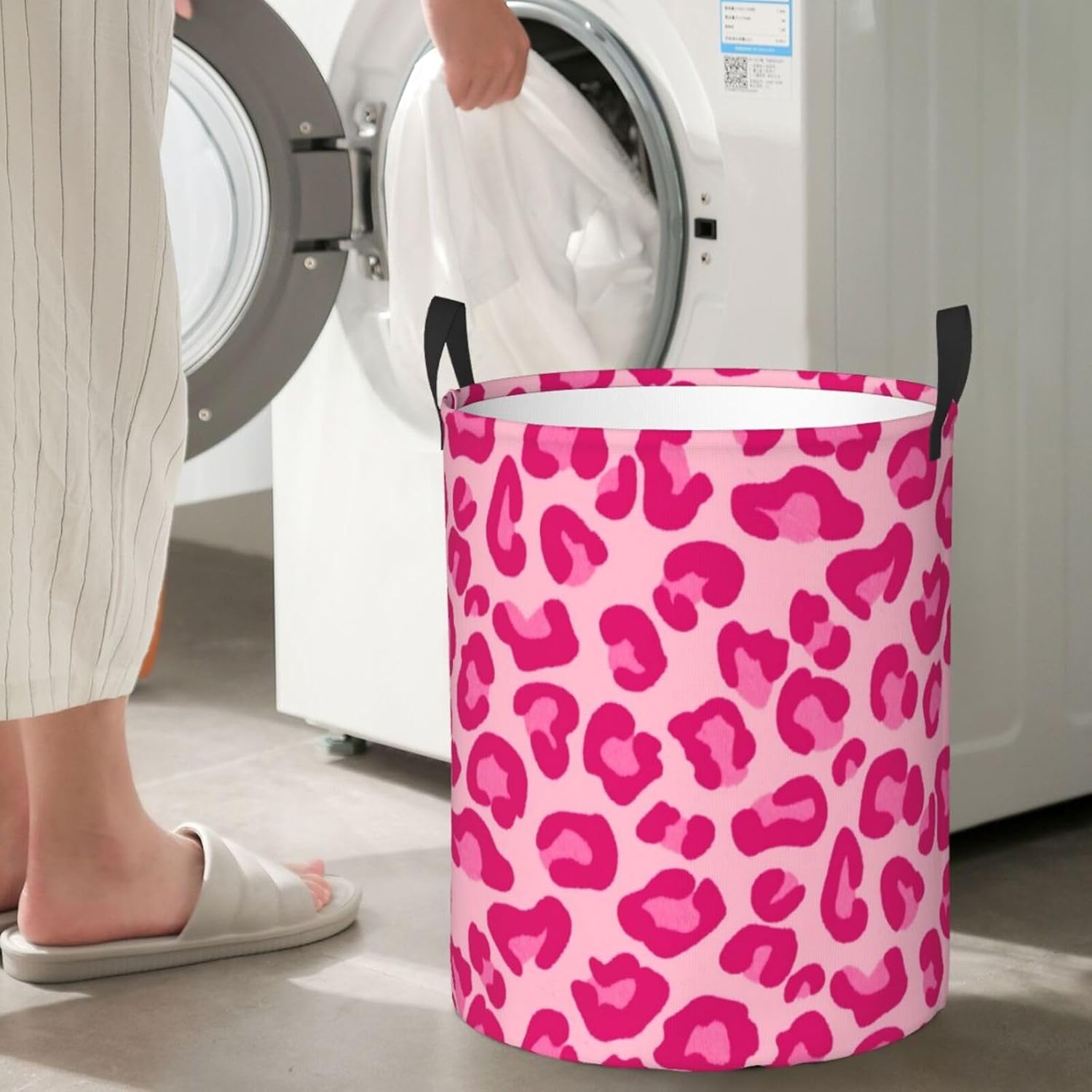 Laundry Hamper, Leopard Print in Pastel Pink, Hot Pink and Fuchsia Round Laundry Basket Storage Baskets Collapsible Organizer Basket, for Bedroom, Bathroom, Toys Storage Medium
