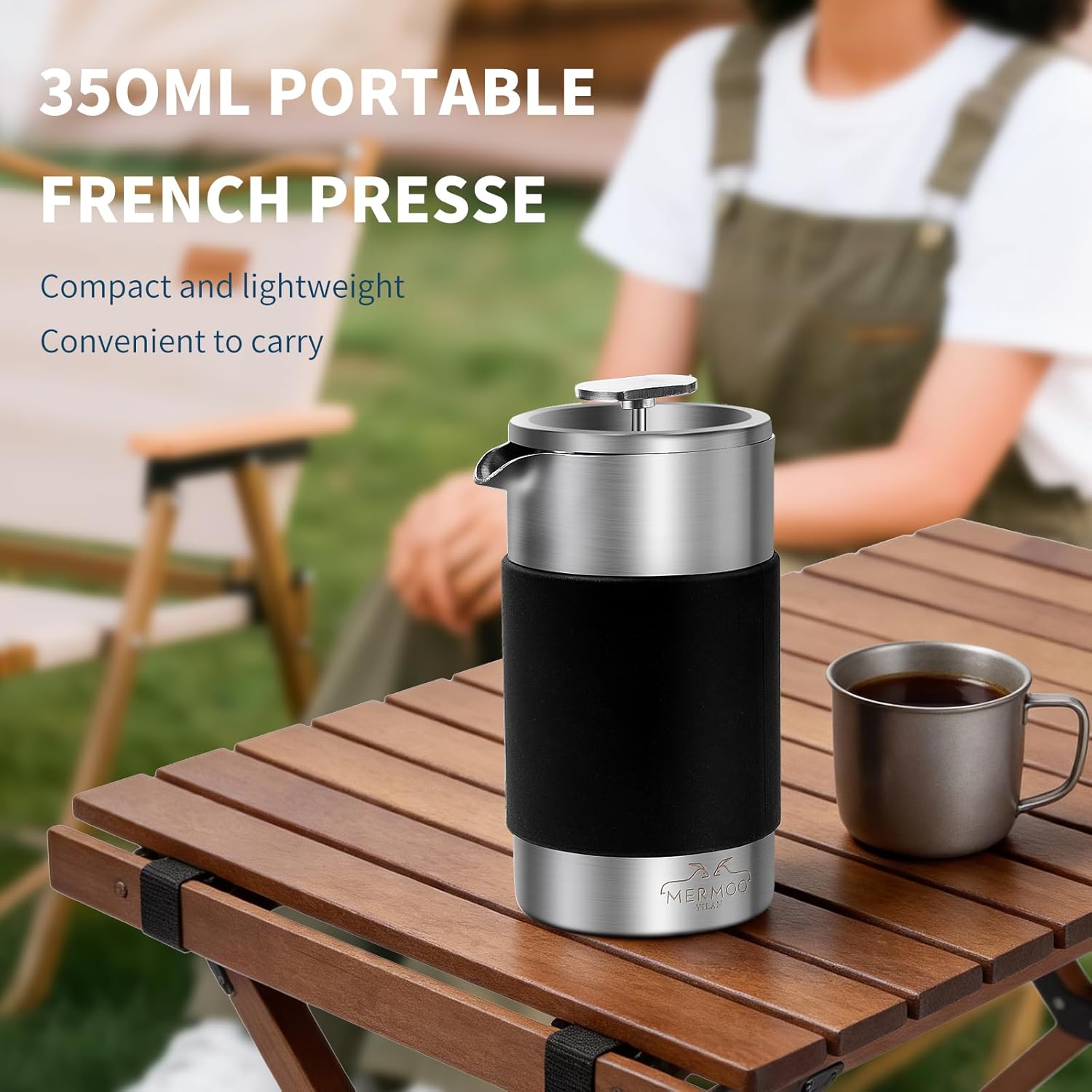 MERMOO YILAN Handleless French Press Coffee Maker - 12 oz Stainless Steel Insulated 3-in-1 Press for Coffee, Tea & Milk Frother with Detachable Silicone Sleeve | Space Saving Design