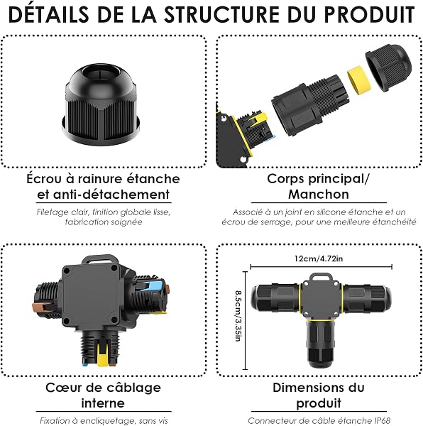 3 Pièces Connecteur Electrique Etanche avec 3 fils, IP68 T-Type Connecteur Etanche, pour câbles de diamètre Ø4-8 mm, pour les Éclairage à LED et Connexions Intérieures et Extérieures - 2