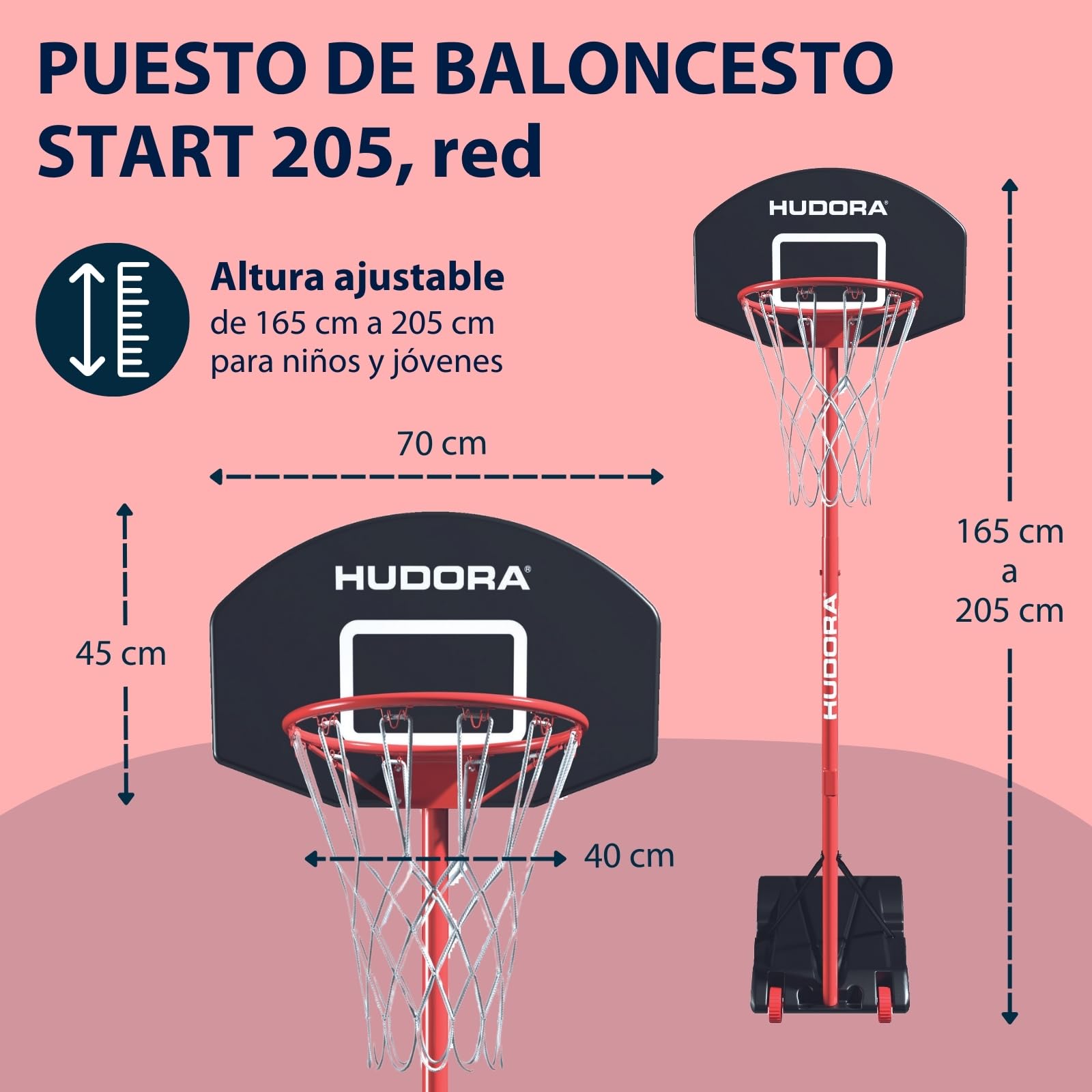 HUDORA Start Soporte de Baloncesto - Ajustable en Altura - móvil con Soporte para niños y Adolescentes - Canasta de Baloncesto para Exteriores con Ruedas