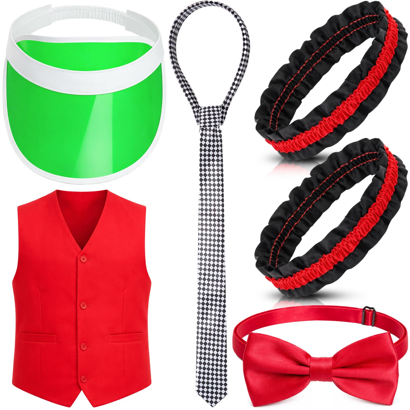 Eurzom 5 Pcs Casino Dealer Vest Costume Set Includes Poker Visor, Bow Tie, Vest, Armband, Poker Card Tie for Las Vegas Game Night(Red)
