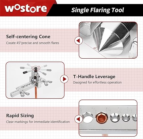 Miniatura 5 de Wostore Juego de herramientas de abocinación de tubería de una sola llamarada, 7 troqueles de kit de 3/16-5/8 pulgadas en HVAC para fontanería de