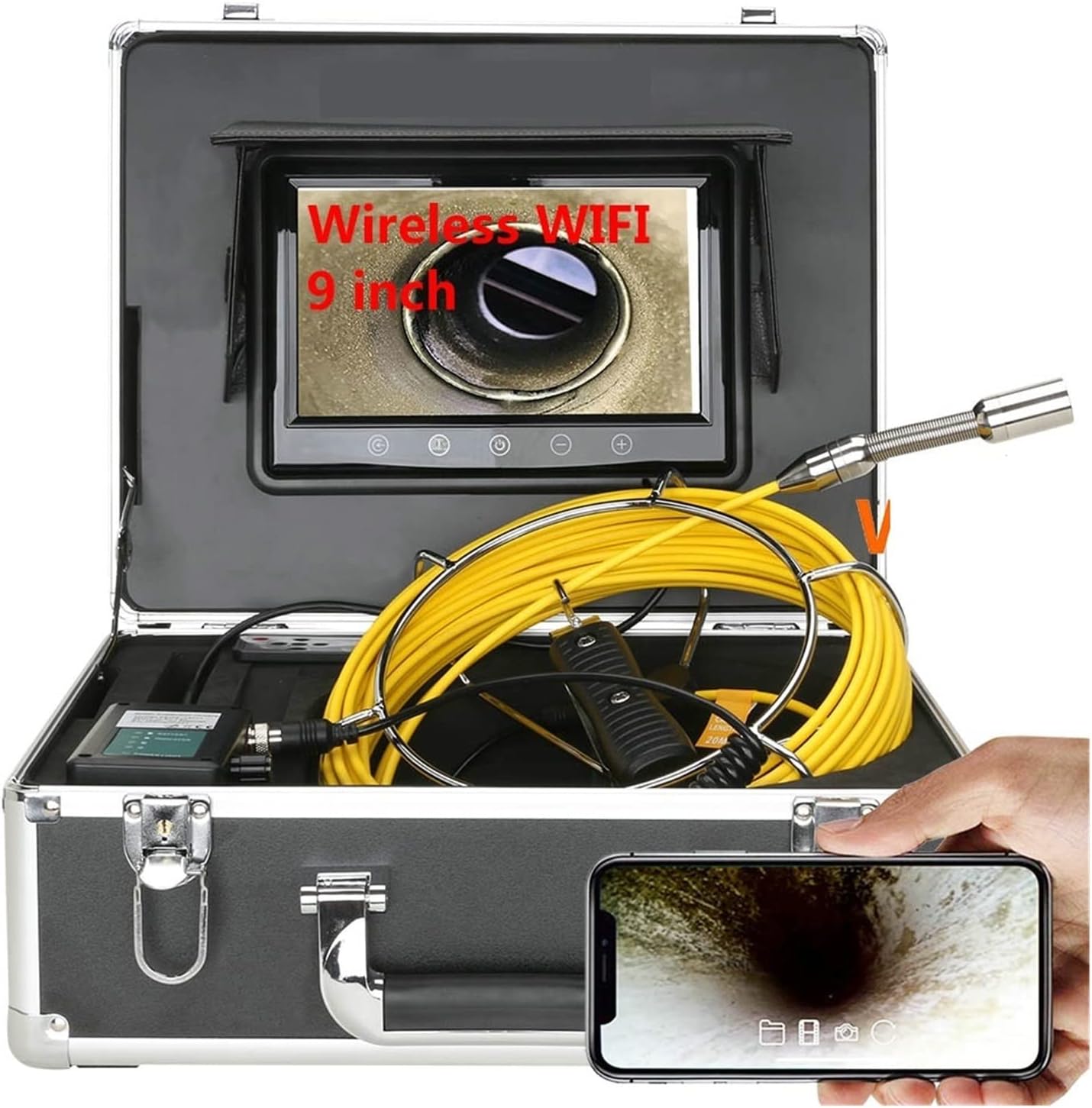 Sewer Camera Sewer Camera Wireless WiFi 20/30/50M Pipe Inspection Video Camera,Drain Sewer Pipeline Industrial Endoscope 9inch LCD Monitor with DVR with LCD Monitor
