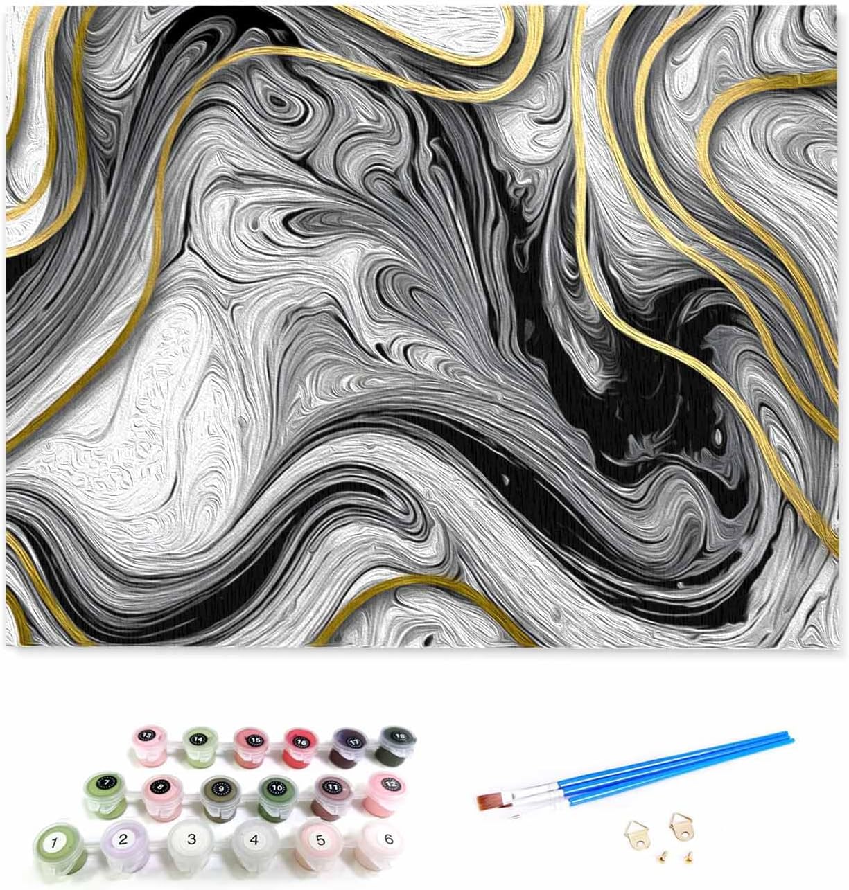 Savannan Paint by Numbers for Adults Without Frame, Abstract Marble Texture Line Black Gold White DIY Acrylic Painting by Numbers Kits on Canvas for Kids Beginner, 20"x24"