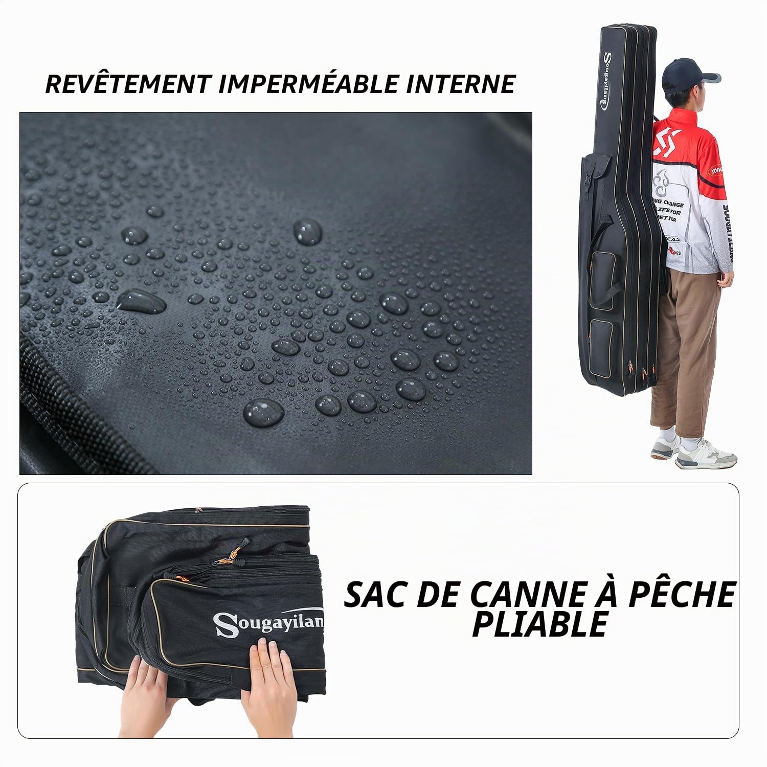 Sougayilang Sac de transport pliable pour canne à pêche - 3 couches - Grande capacité de rangement - 165 cm - Noir