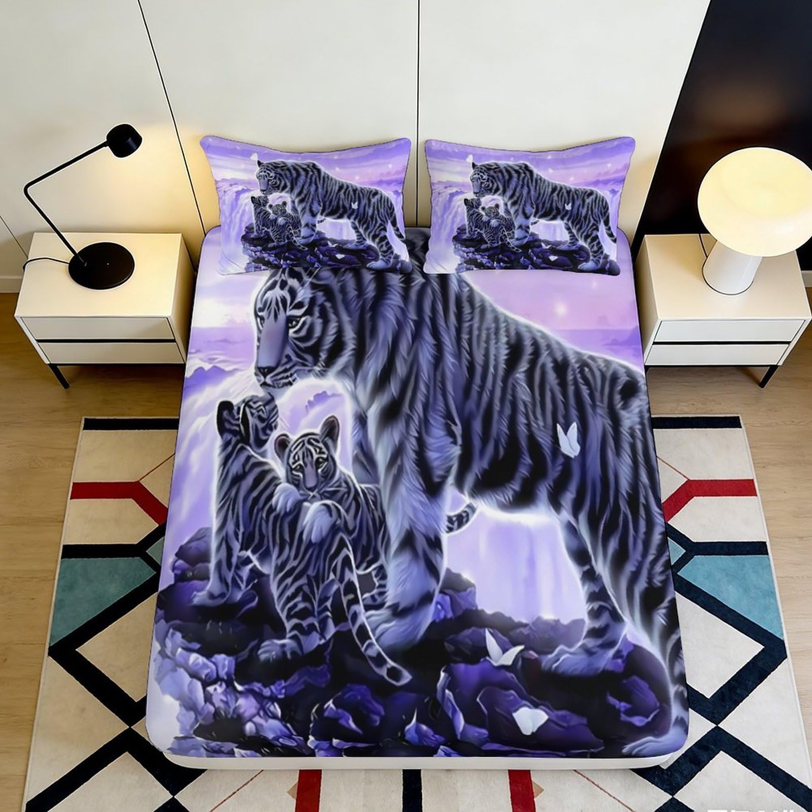 3D Printed Purple Tiger Fitted Sheet Microfiber Soft Durable 3D Printed Tiger Cub Mattress Cover for Bedroom Dormitory Guest Room Protection 140x200x25cm
