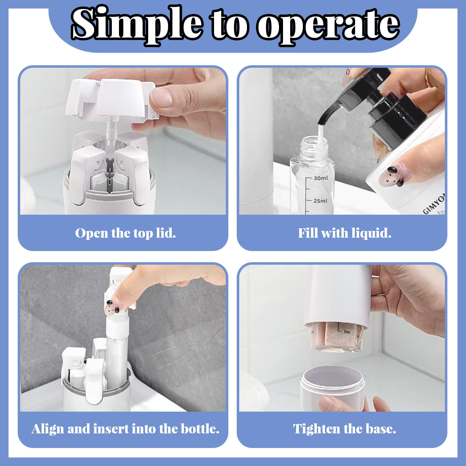 4 in 1 Reisespender Zum Befüllen, Tragbare Reise Pumpflasche, Leak Proof Travel Dispenser Bottles, Wiederverwendbar Reisespender, Reise Gadgets, für Shampoo Creme Spülung Körperpflege (Weiß) - 5