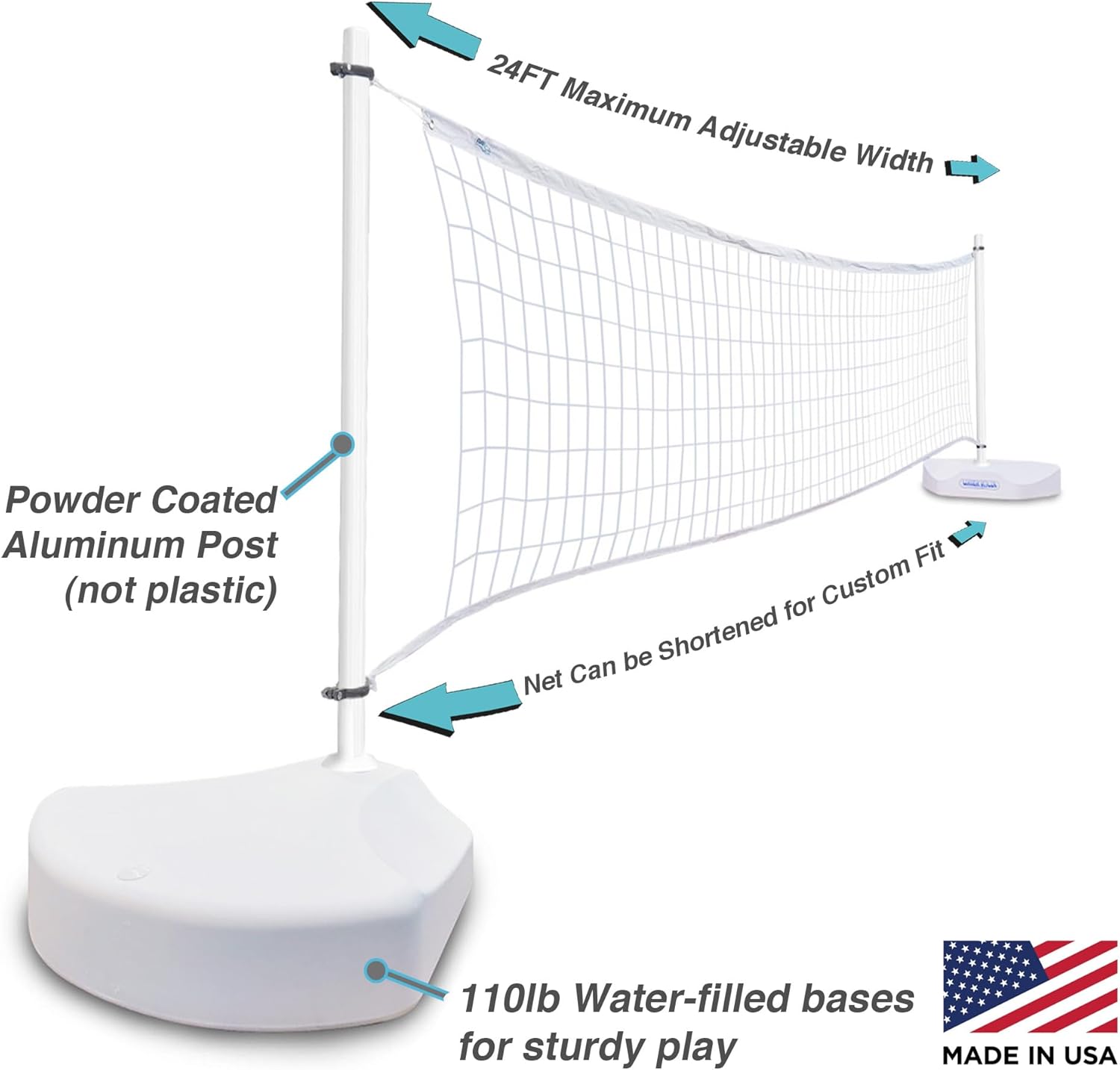 WaterVolly Adjustable Pool Volleyball Net, Includes Two 110lb Water-Filled Bases and Red White & Blue Volleyball, Choose White or Stainless Steel