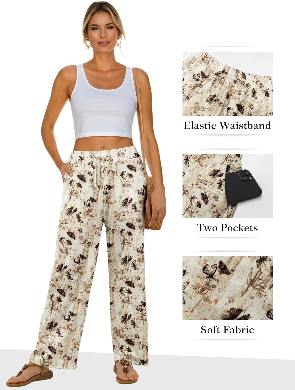 Feiersi Womens Wide Leg High Waisted Palazzo Pants Casual Stretchy Ribbed Trousers with Pockets - Image 4