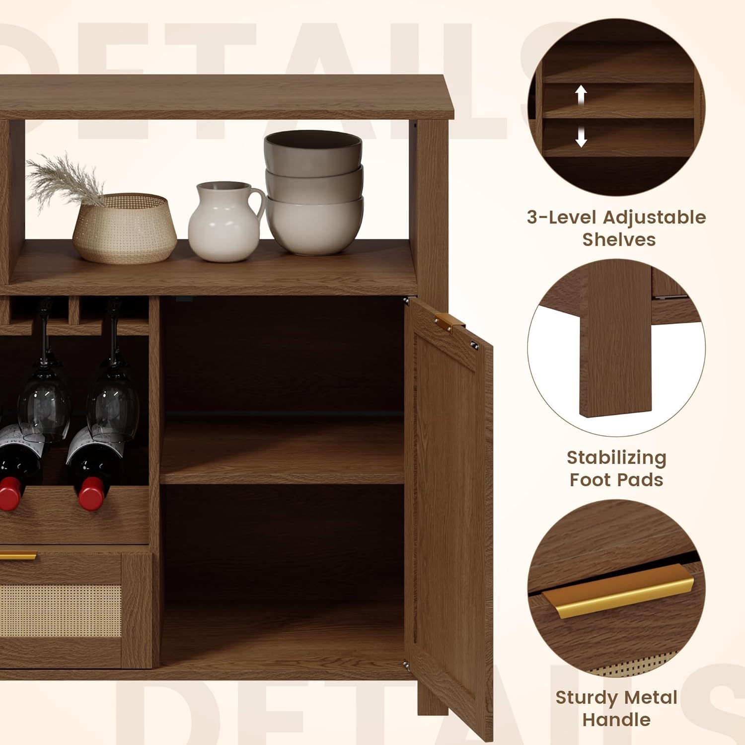 EROMMY Buffet Cabinets with Storage, 51" Rattan Sideboard with Removable Wine Rack and Glass Holders, Boho Farmhouse Wine Liquor Cabinet for Dining Living Room Kitchen Entryway (Walnut)