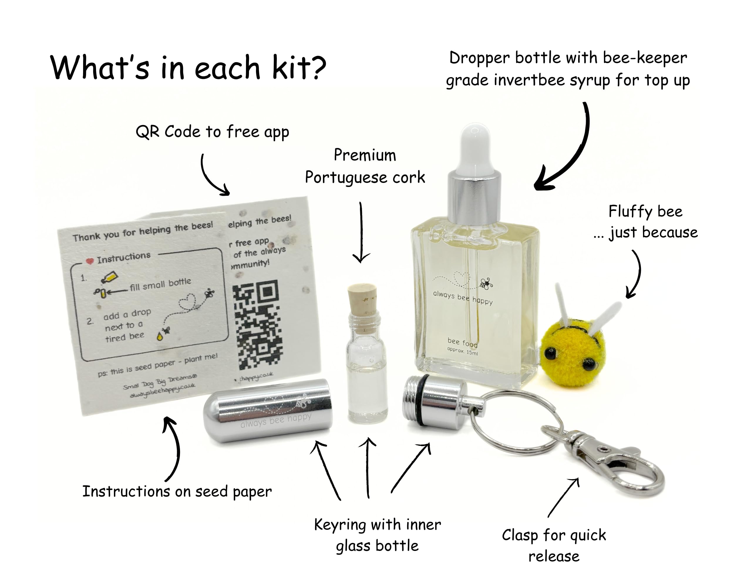 Kit de réanimation d’abeilles – Porte-clés gravé « Always Bee Happy », fiole en verre, flacon compte-gouttes pour nourrir les abeilles, pochette en organza