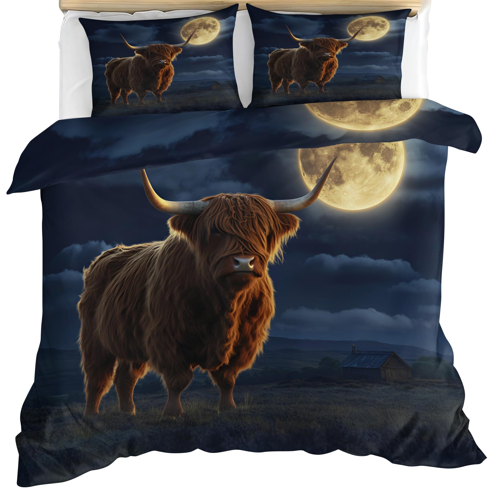 YEMYOR Highland Cattle Duvet Cover King 230x220 cm, Highland Cow Bedding Set, Farmhouse Bull Comforter Cover with Zipper Ties & 2 Pillowcases