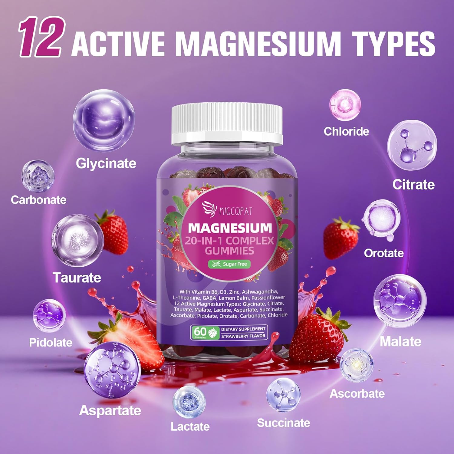 Magnesium Complex Gummies, 20 in 1 Magnesium Gummy with Glycinate Citrate Malate Taurate - Ashwagandha, L-Theanine, D3&Zinc for Relaxation, Sleep, Muscle&Heart Support, Strawberry, 60 Cts - Image 5