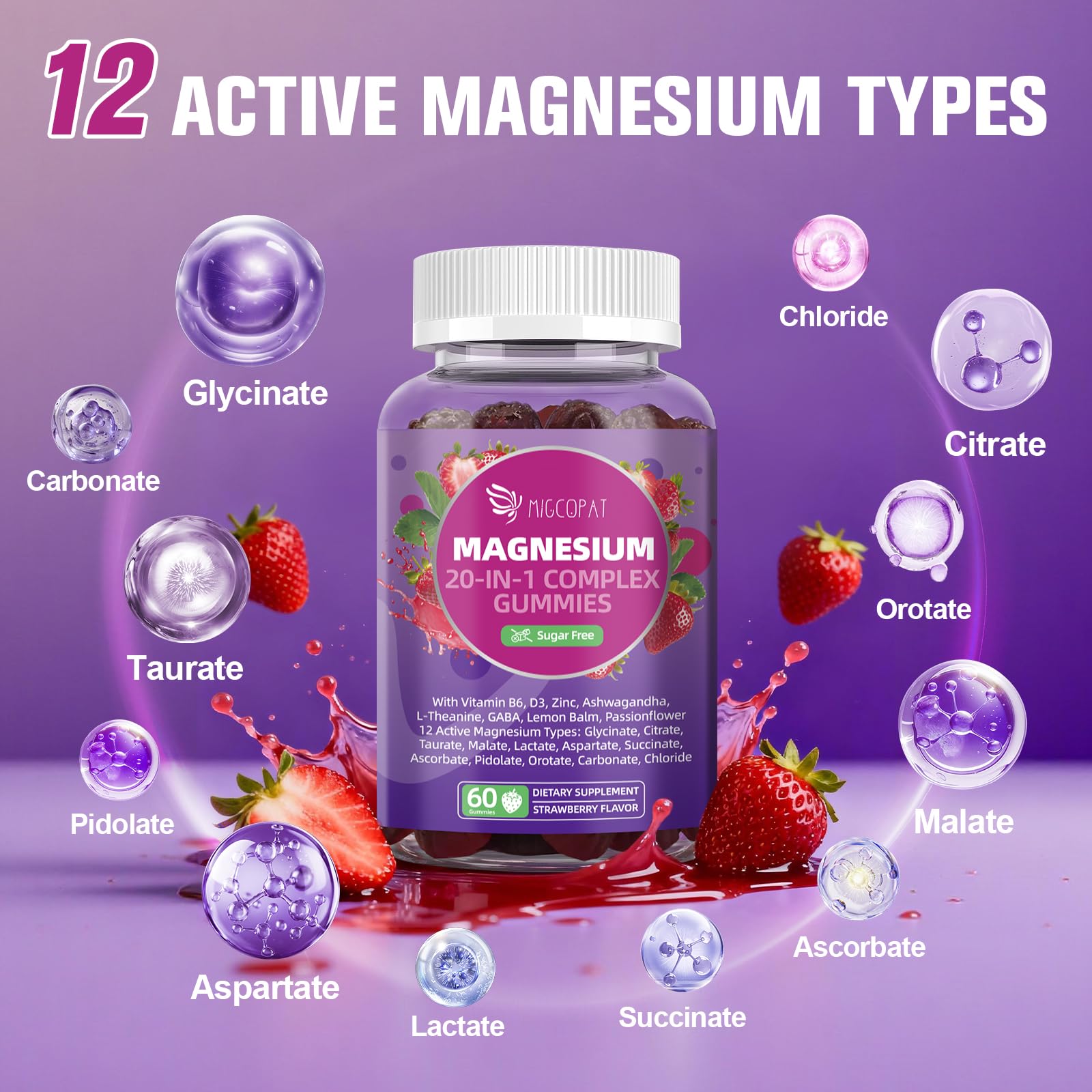 Migcopat Magnesium Complex 20 in 1 Magnesium Gummies with Glycinate Citrate Malate Taurate - Ashwagandha, L-Theanine, D3&Zinc for Relaxation, Sleep, Muscle&Heart Support, Strawberry, 60 Cts — Amazon image 5