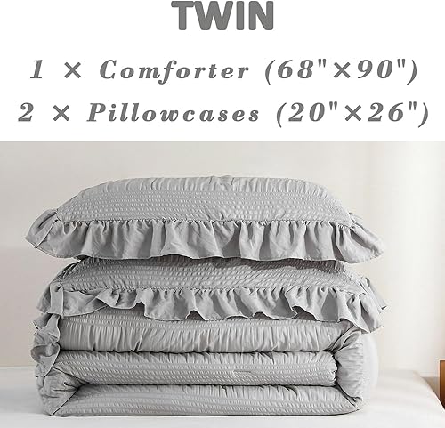 Miniatura 5 de ALEISSEL Juego de edredón gris individual, edredón vintage de seersucker ultra suave, juego de ropa de cama gris claro tamaño individualindividual