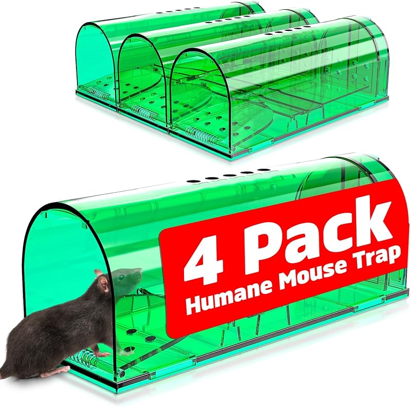 4 Pcs Humane Live Mouse Traps No Kill Reusable Mice Trap Catch | Green, PC Material, Reusable Capture & Release, Use for Home, Waterproof