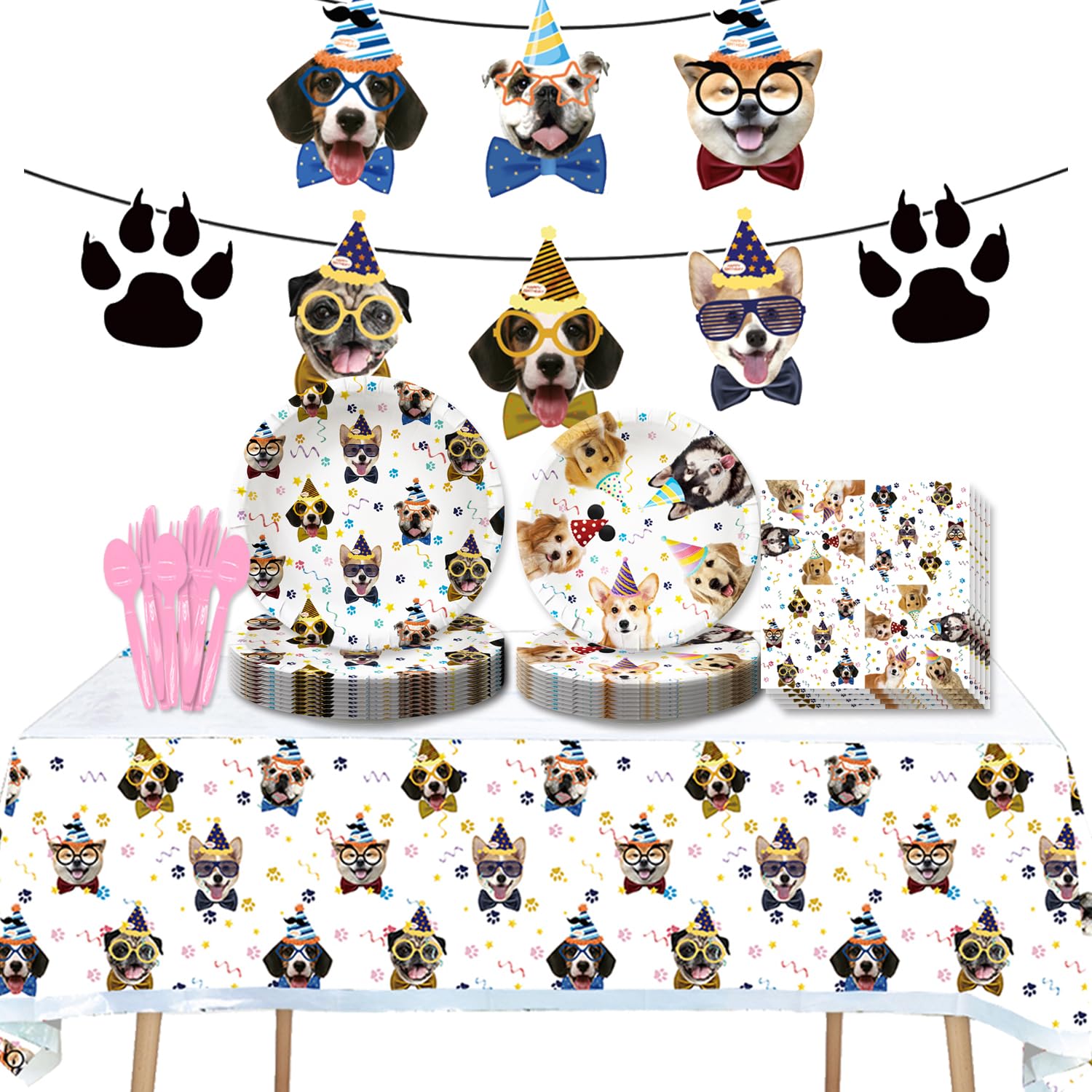 122pcs Pet Dog Birthday Party Decorations,Includes Dinner Plate Dessert Plate Paper Napkin Banner Knife Fork Spoon Tablecloth Dog Birthday Supplies