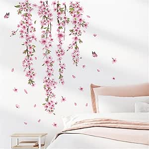 decalmile Bloem met Tak Muurstickers Roze Bloesem Bloemen Vogelwereld Muurtattoo Slaapkamer Woonkamer Sofa TV Achtergrond Wanddecoratie