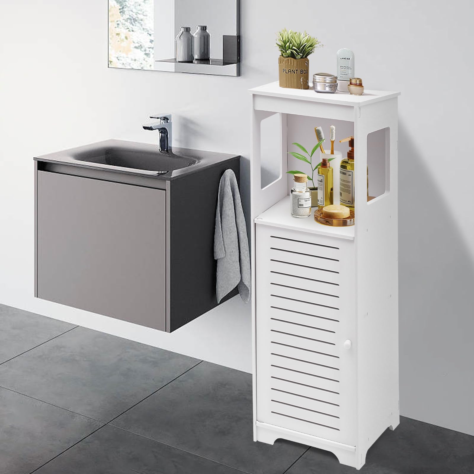 Armario de baño con puerta de 4 niveles, armario de baño estrecho, armario de baño de pie, para baño, dormitorio y salón, etc., 28 x 25 x 90 cm, color blanco