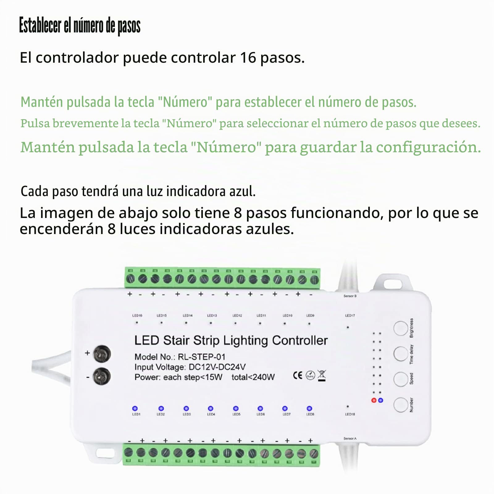 Controlador de iluminación LED para escalones con detector de movimiento, 16 escalones controlador de luz LED para escaleras