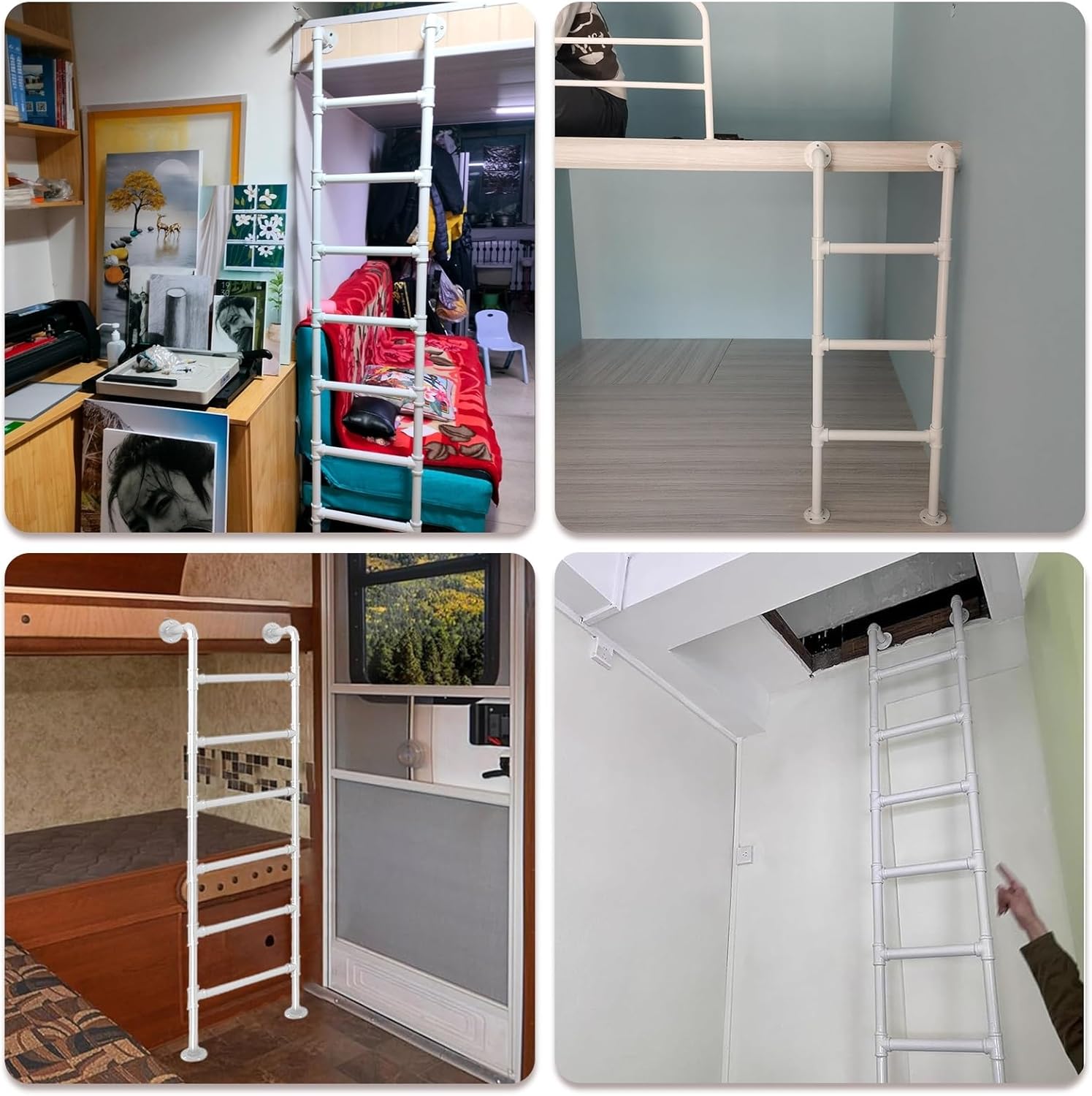 White Metal Wall-Mounted Attic Ladder 100-300 cm Adjustable Height Perfect for Loft Access Bunk Beds Camping Apartments - & Space-Saving Design