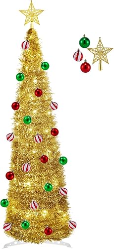 4 modos de iluminación y temporizador Árbol de Navidad desplegable de 5 pies con 25 adornos de bolas, árbol de Navidad de oropel con 60 luces de