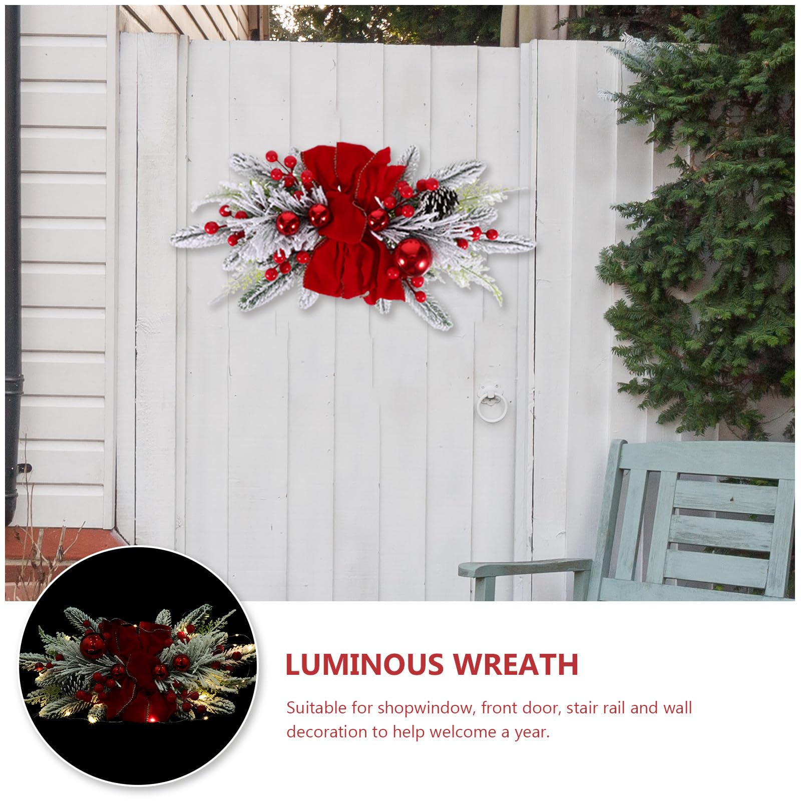 VOSAREA Couronne Lumineuse de Noël Rouge 45x20 Cm en Plastique et Tissu, à Suspendre Décorative Lumineuse pour Porte D'entrée, Style Nordique Délicat