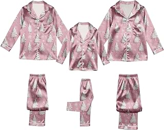 Pijamas familiares de Navidad a juego, conjunto de pijama de satén de seda con estampado de árbol de Navidad, pijamas con botones, camisas y pantalones, ropa de dormir