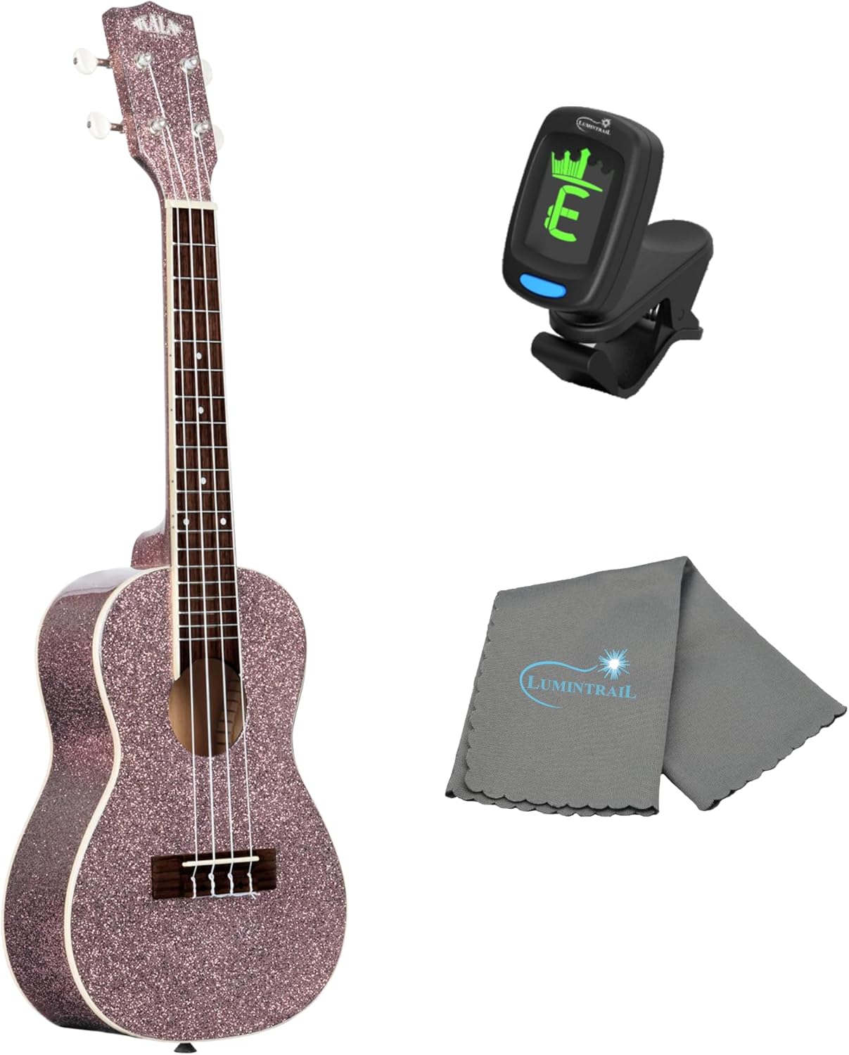 Kala Brand Music Pink Champagne Concert Ukulele Pink Sparkles Bundle with a Tuner and Polishing Cloth, KA-SPRK-PINK