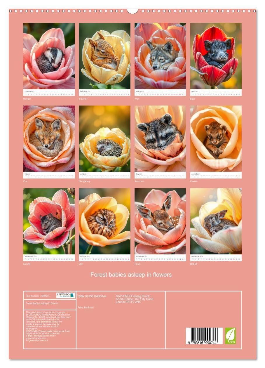 Forest babies asleep in flowers (High Quality Premium Wall Calendar 2027 DIN A2 portrait),CALVENDO 12 Month Wall Calendar: Baby forest animals dream in calyxes