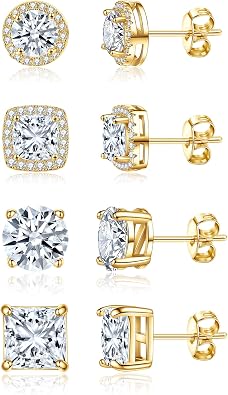 Cubic Zirconia Stud Earrings for Women Men 14K Gold-Plated Halo Stud Earrings Hypoallergenic Earrings CZ Halo Stud Earrings for Sensitive Ears