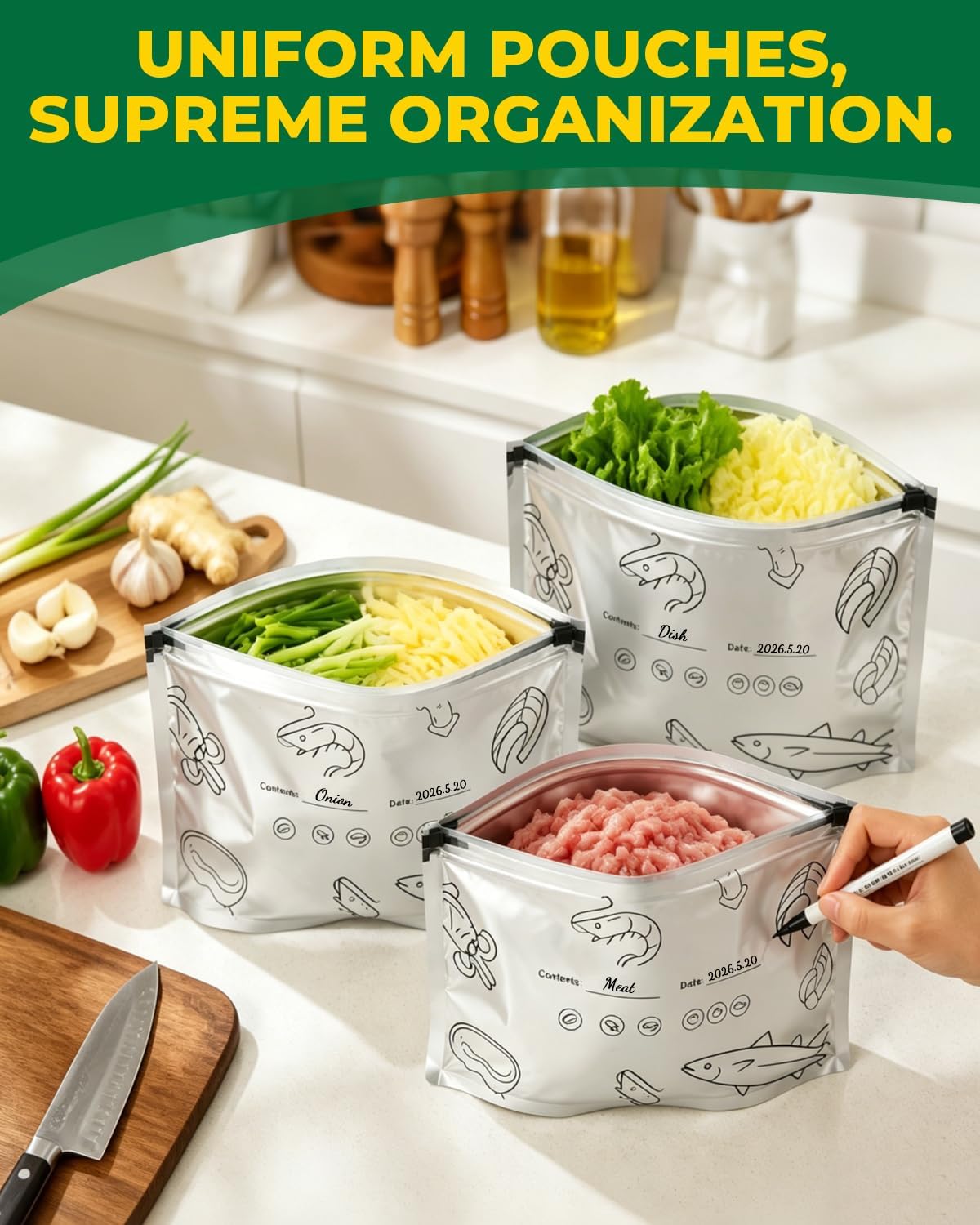 DKP 120 Pcs Reusable Mylar Bags, Three Sizes Packaging Smell Proof Baggies, Waterproof Aluminum Foil Stand Up Pouches Freezer Containers for Beans Vegetables Rice Meat Long Term Preservation, BPA Free image 3