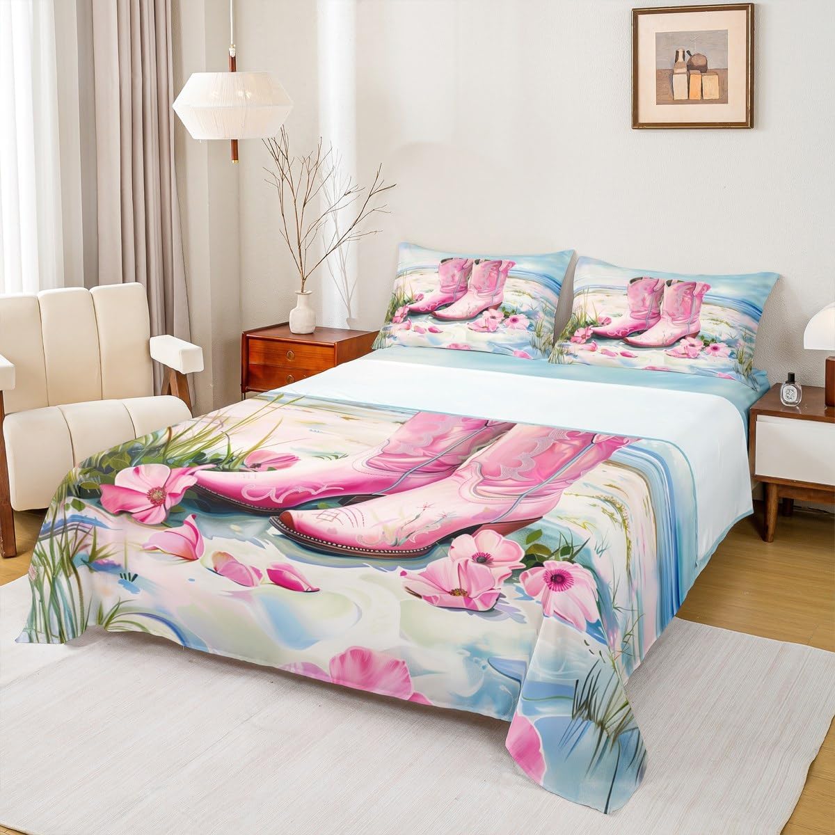 jejeloiu Western 3 Pieces Sheet with 16" Deep Pockets for Kids Boys Girls Wild West Cowboy Bedding Twin Size Shoes Flroal Bed Sheets Set Bedroom Decor Pink Blue