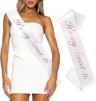 Sweet 16 Birthday Sash for Women and Girls - White with Pink Foil 16 - Its My 16th Birthday Decorations