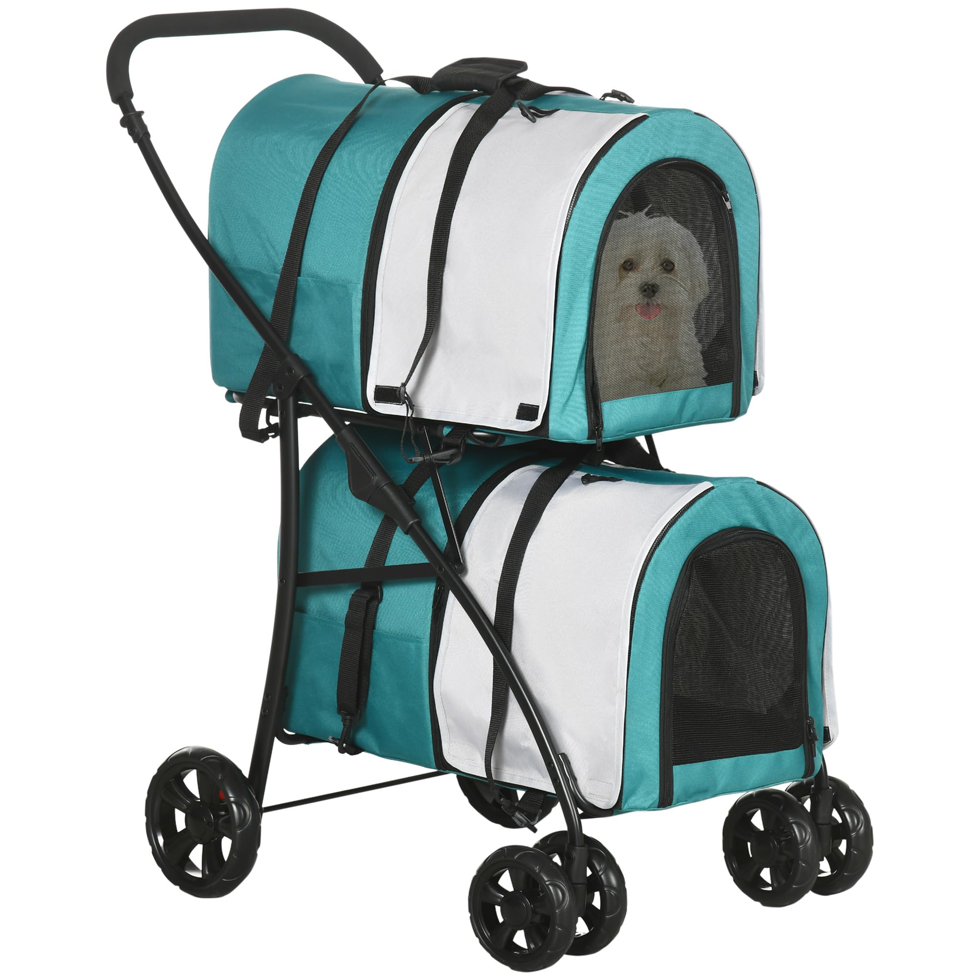 PawHut Cochecito para Mascotas Plegable Cochecito Doble para Perros Gatos con 2 Transportines Extraíbles Cinturón de Seguridad 2 Cojines y Bolsillos Laterales Carga 20 kg 66x50x98 cm Verde y Gris