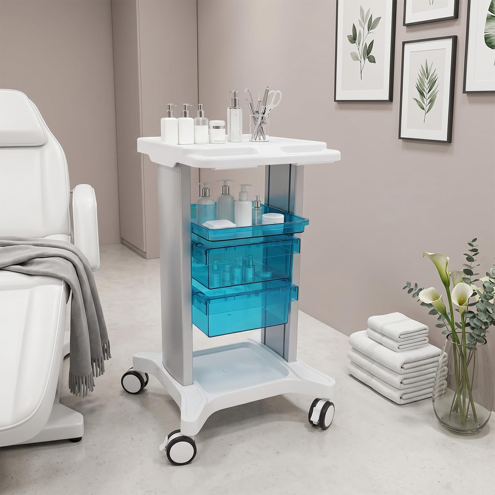 Wózek medyczny z 2 szufladami, 1 półka do laboratorium | Wózek kosmetyczny z obrotowymi kółkami Mobilny wózek do serwowania udźwig 100 kg 44,5 x 41,7 x 75 cm biały, niebieski