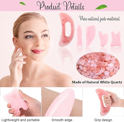Miniatura 4 de Treela Juego de 5 herramientas faciales de masaje Gua Sha y 1 herramienta de masaje corporal Gua Sha con asa, kit de masajeador Guasha para cara,
