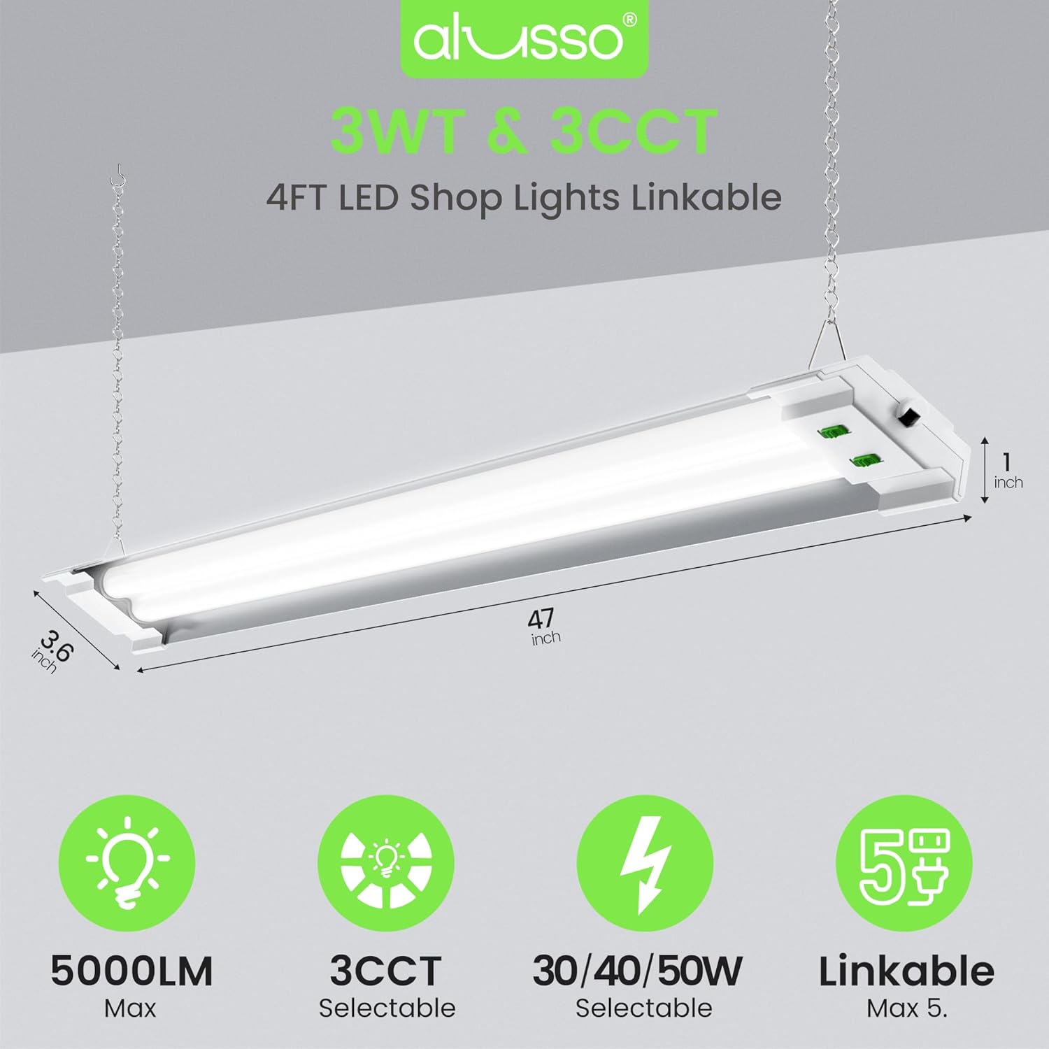 ALUSSO® LED Shop Lights 4FT for Garage 1 Pack, 3CCT 3000K/4000K/5000K Selectable, 30W/40W/50W Linkable LED Shop Light for Workshop